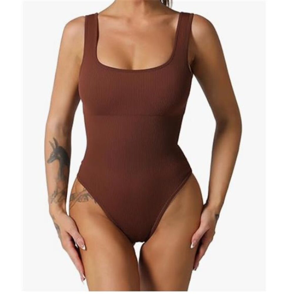 NEW Ribbed Sleeveless Square Neck Bodysuit Brown- Women's S